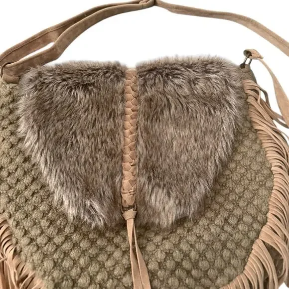 Boho Fringe Crossbody Bag Faux Fur Western Festival Indie Cowgirl Tan AZIZA - Picture 2 of 7
